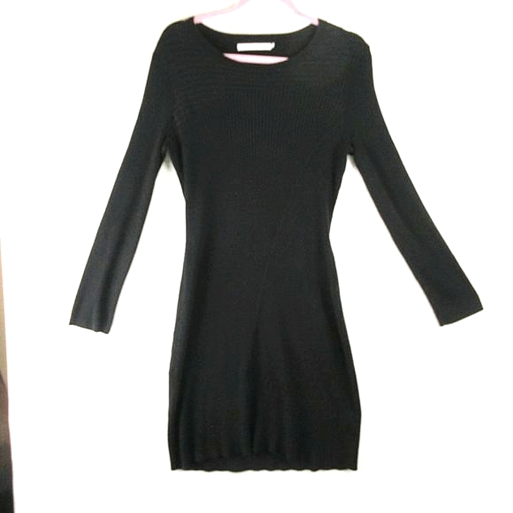 Stitches & Stripes Black Midi Sweater Dress XL Rib Knit Asymmetrical Mob Wife